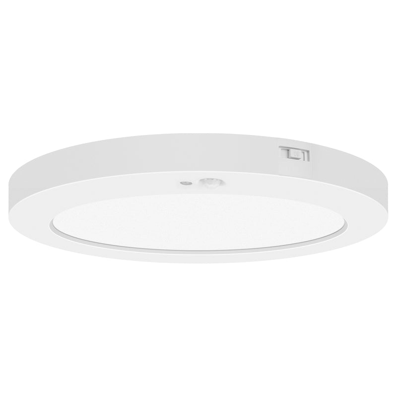 White Motion Sensor LED Flush Mount ceiling light fixture on a white background