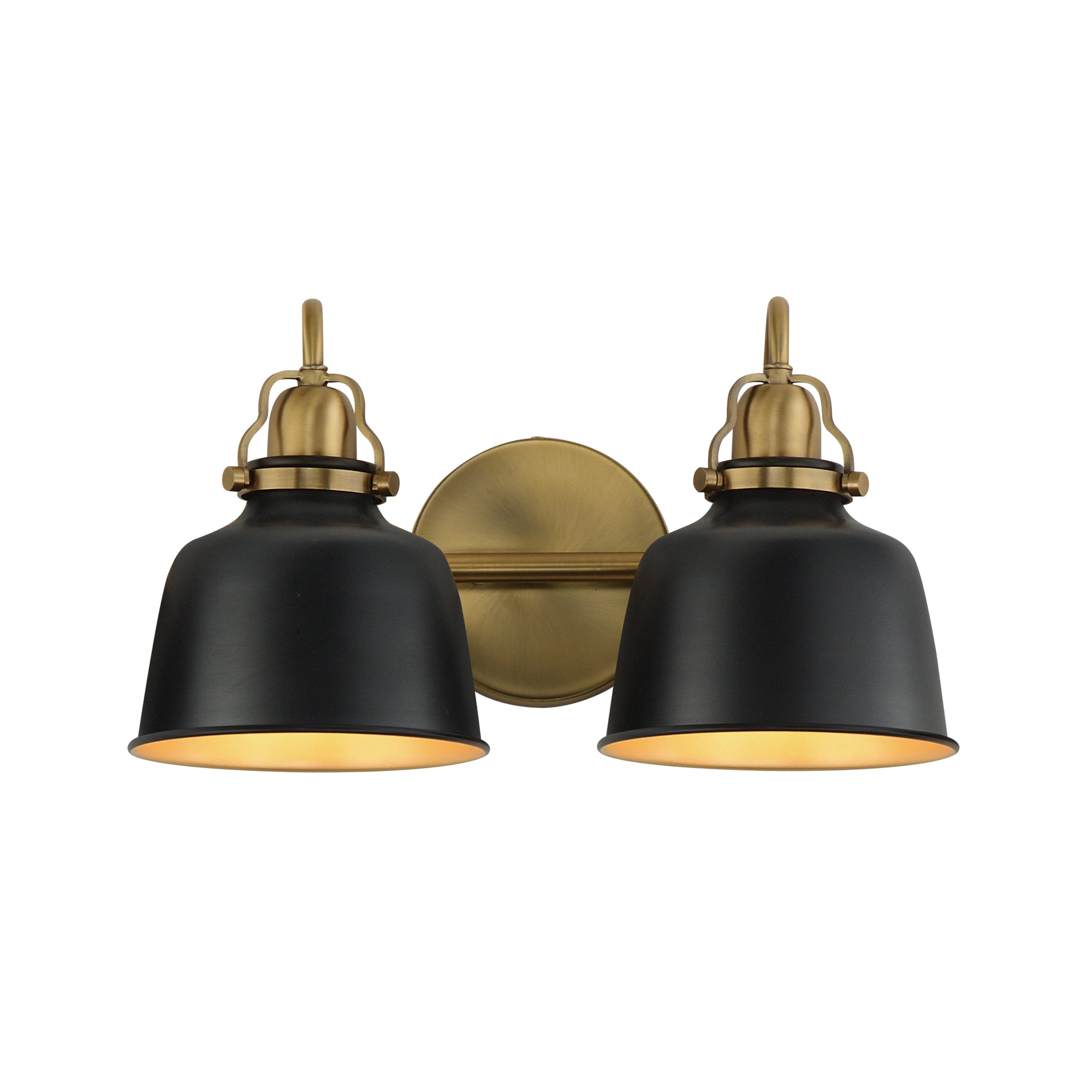 A two-light wall sconce with matte black bell-shaped shades and antique brass hardware, including a round backplate and decorative caps, shown against a plain white background.