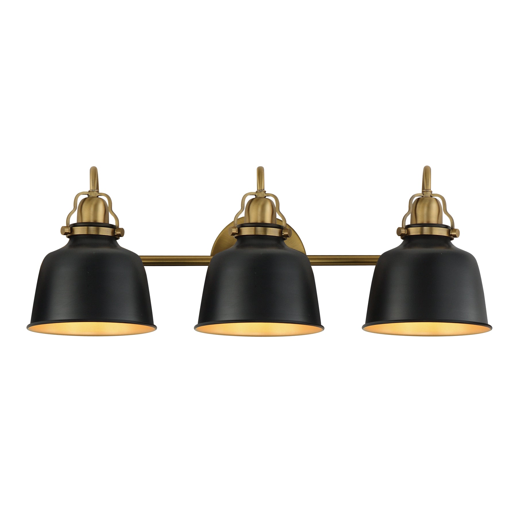 A three-light vanity wall sconce with matte black bell-shaped shades and an antique brass horizontal bar and mounting hardware, shown against a plain white background.