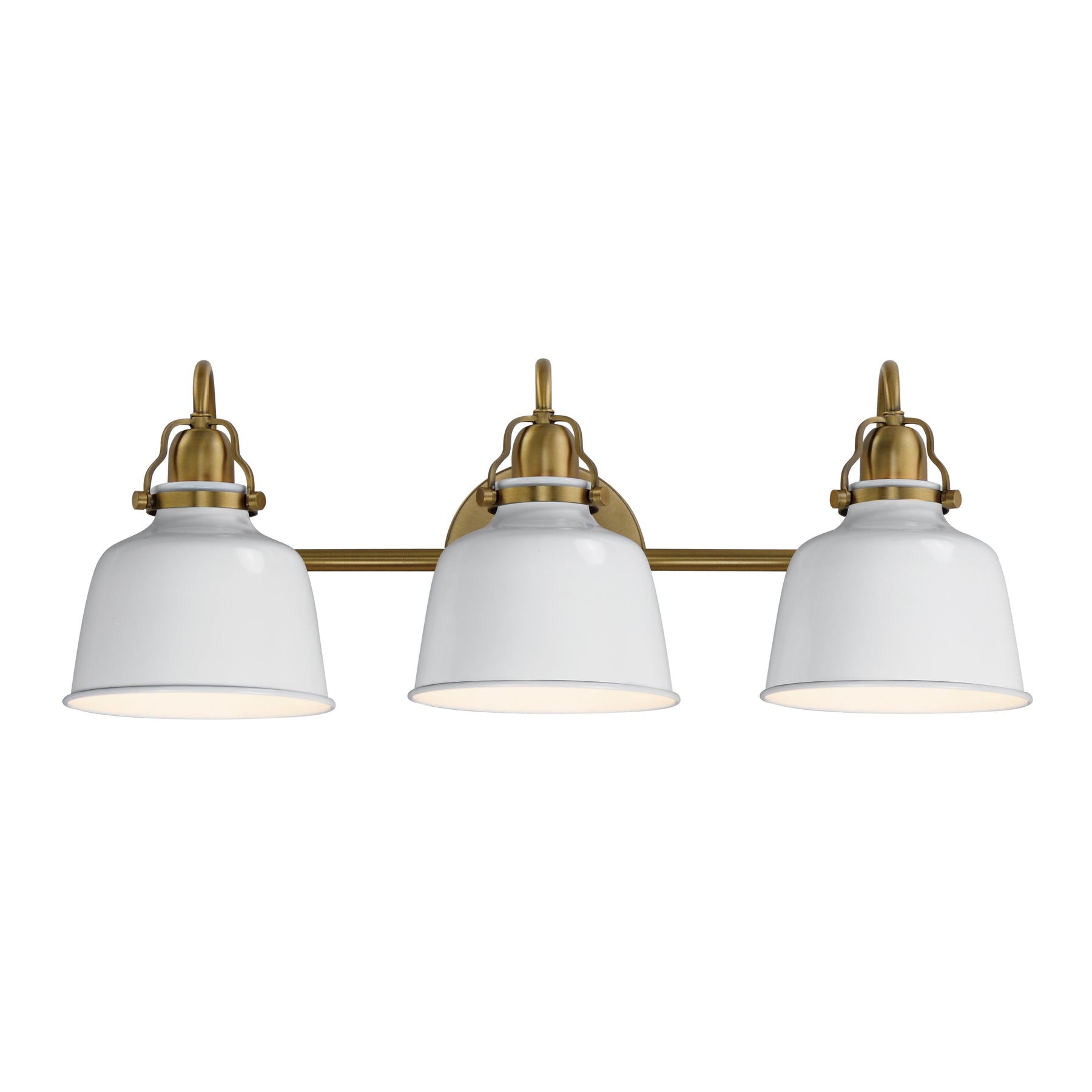 A three-light bathroom vanity light fixture with white dome-shaped glass shades and an antique brass horizontal bar and mounting hardware, shown against a plain white background.