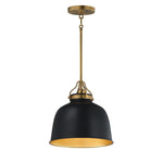 A single pendant light with a matte black dome-shaped shade featuring a gold interior, suspended by a brass-toned rod from a matching ceiling canopy, shown on a plain white background.
