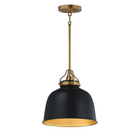 A single pendant light with a matte black dome-shaped shade featuring a gold interior, suspended by a brass-toned rod from a matching ceiling canopy, shown on a plain white background.