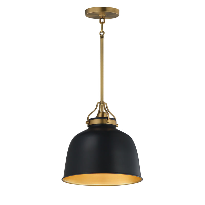 A single pendant light with a matte black dome-shaped shade featuring a gold interior, suspended by a brass-toned rod from a matching ceiling canopy, shown on a plain white background.