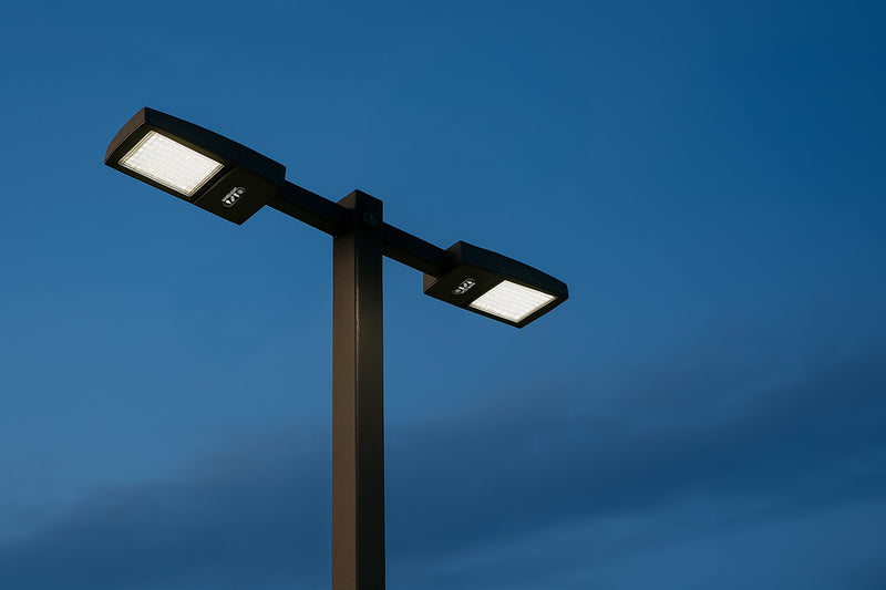 15 ft 4 Inch Square Area Lighting Pole With 2 LED 150W Slim Line Fixture (400W+ MH or HID Equivalent), Pole Arm Mount