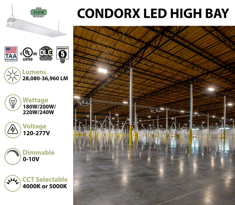CondorX Premium 4FT LED Linear High Bay, 36,960 Lumen Max, Wattage and CCT Selectable, 120-277V, Sensor Ready, TAA Compliant
