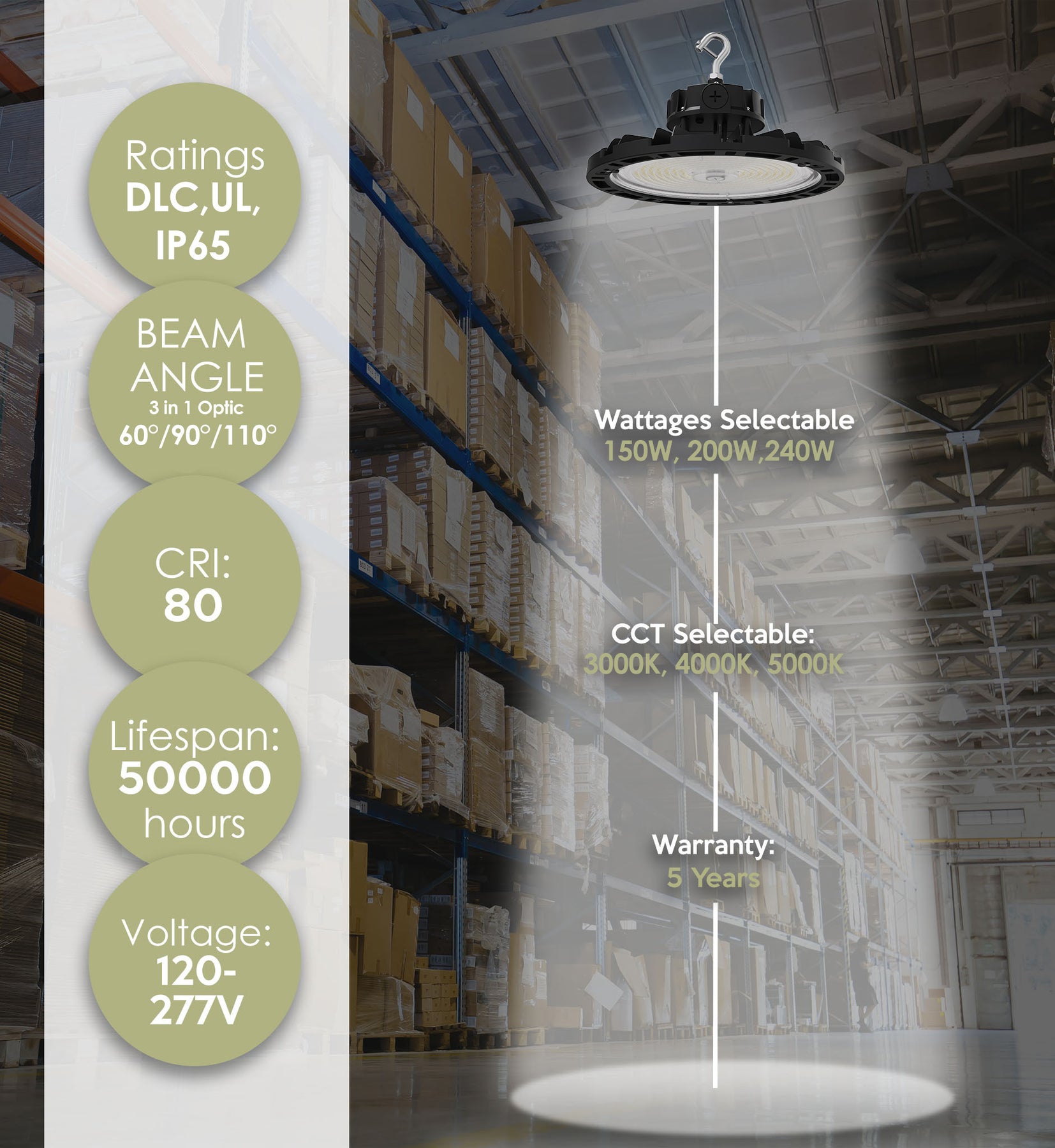Aries G4 LED UFO High Bay, 38,400 Lumen Max, Wattage and CCT Selectable, Black Finish, Comparable to 750-1000 Watt HID Fixture, 120-277V