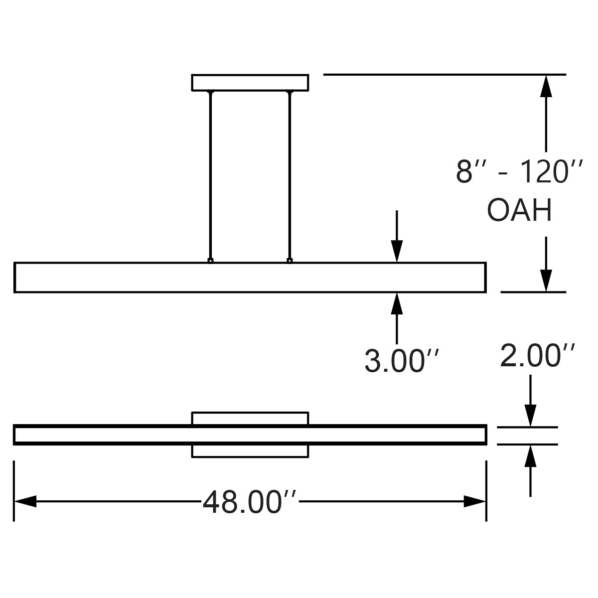 Technical drawing of a linear pendant light with dimensions labeled