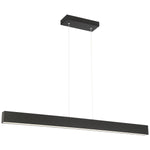 Modern black linear pendant light fixture on a white background