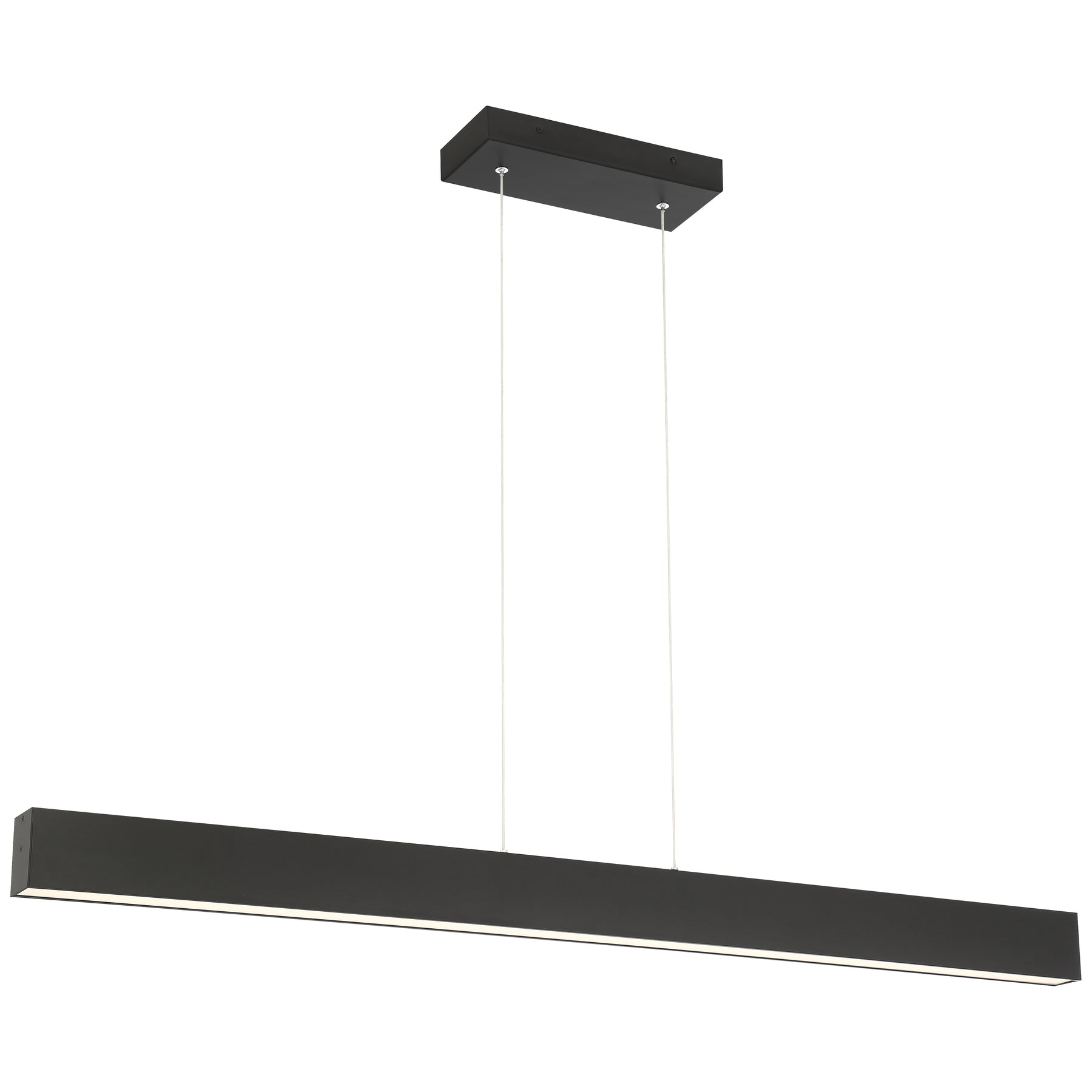 Modern black linear pendant light fixture on a white background