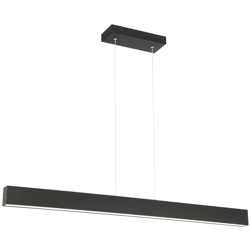 Modern black linear pendant light fixture on a white background