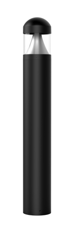 Black cylindrical commercial led bollard light with cone reflector dome top and clear glass housing for outdoor use
