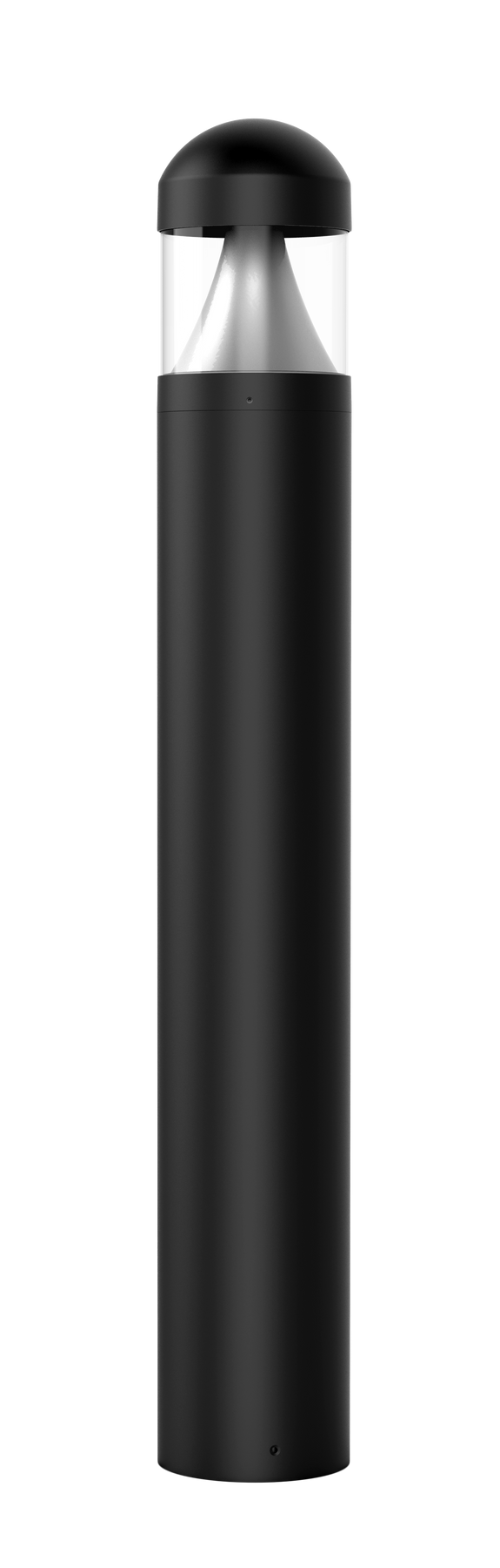 Black cylindrical commercial led bollard light with cone reflector dome top and clear glass housing for outdoor use