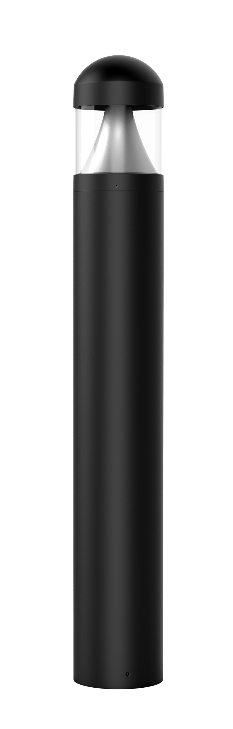 Black cylindrical commercial led bollard light with cone reflector dome top and clear glass housing for outdoor use