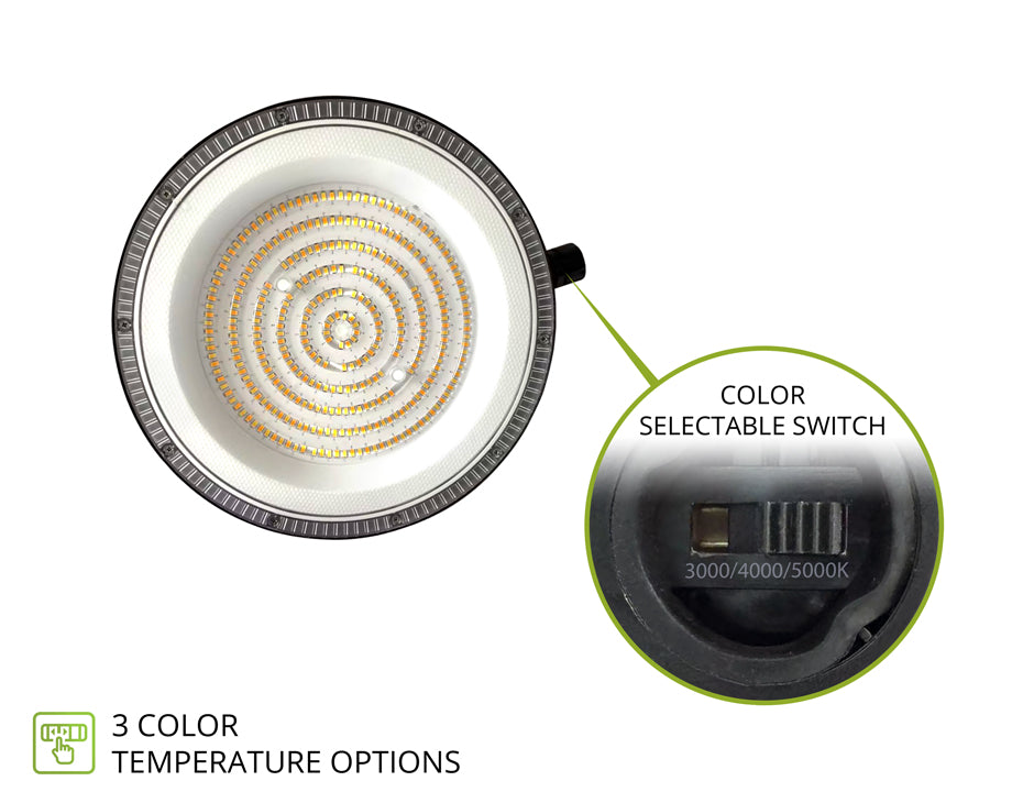 An overhead view of a circular LED light fixture with a visible spiral array of warm white LEDs inside a silver and black bezel. A callout inset shows the rear color selectable switch with temperature options 3000/4000/5000K.