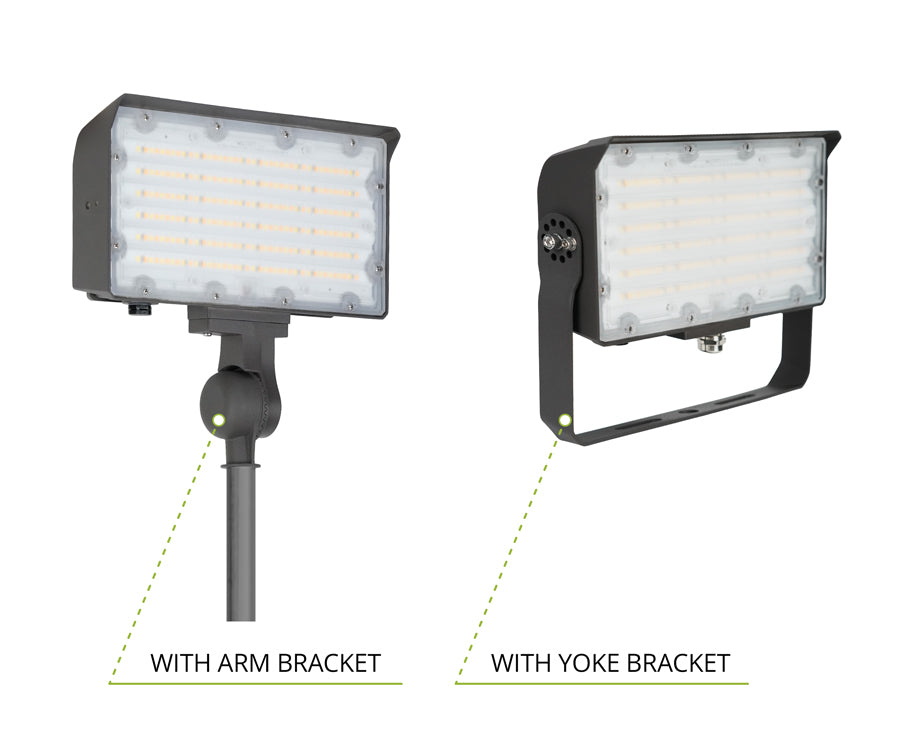 Black arm and yoke bracket mini flood lights on a white background