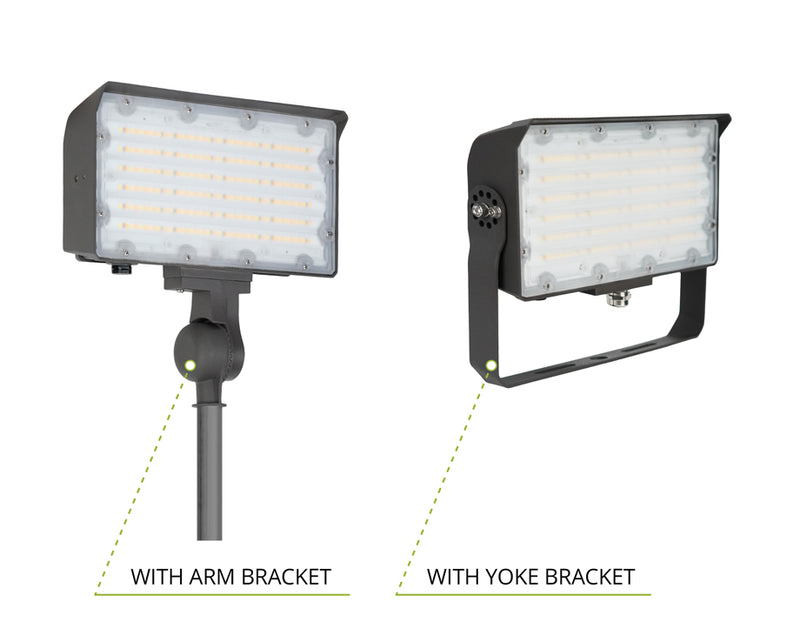 Black arm and yoke bracket mini flood lights on a white background