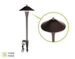 Bronze outdoor pathway lighting with a cone head design in a white background