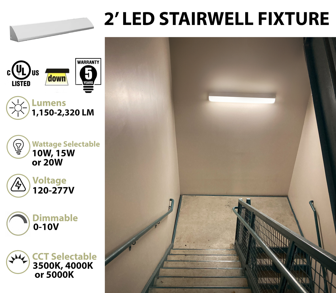 2 Foot LED Stairwell Light, 2320 Lumen Max, Wattage and CCT Selectable, 120-277V