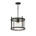Black pendant light with clear glass shade on a white background