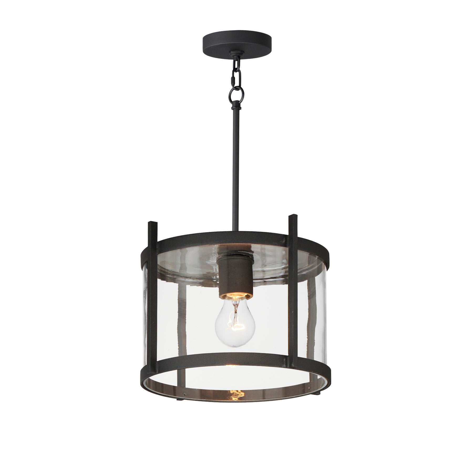 Black pendant light with clear glass shade on a white background