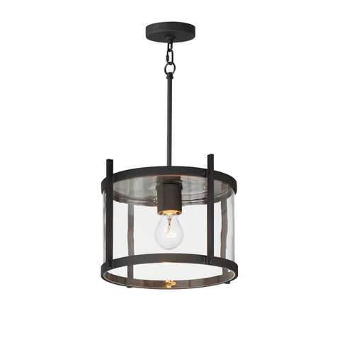 Black pendant light with clear glass shade on a white background