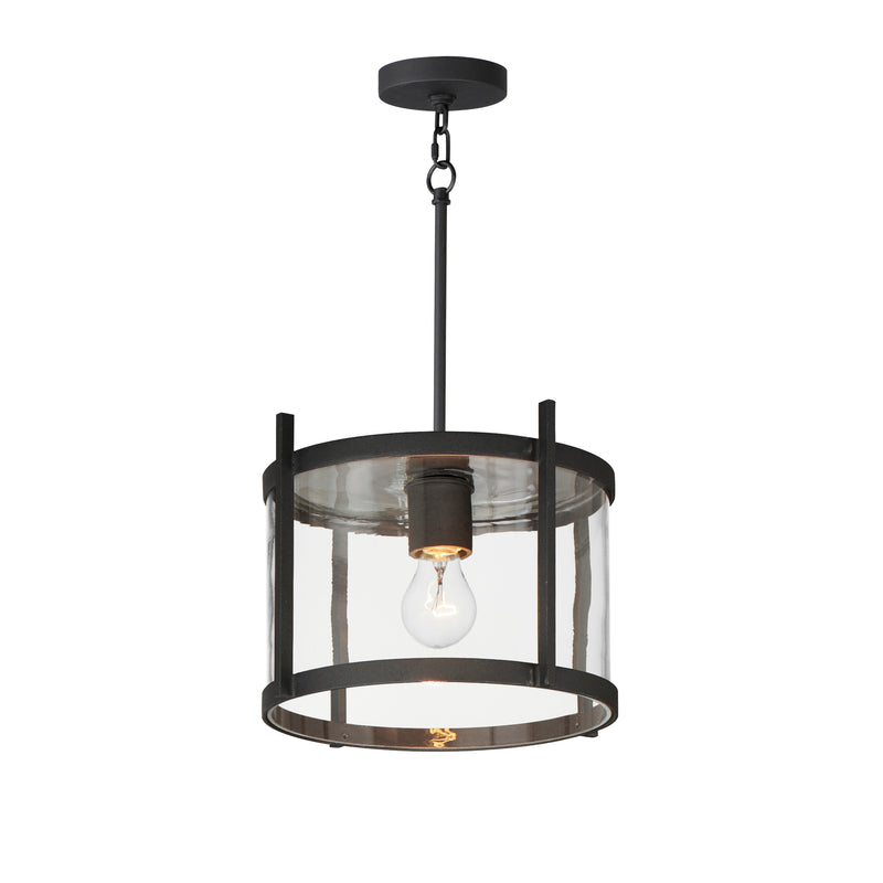 Black pendant light with clear glass shade on a white background