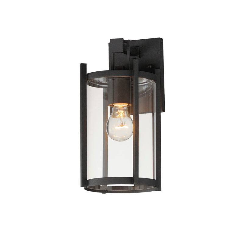 Black outdoor wall light fixture with clear glass cover on a white background