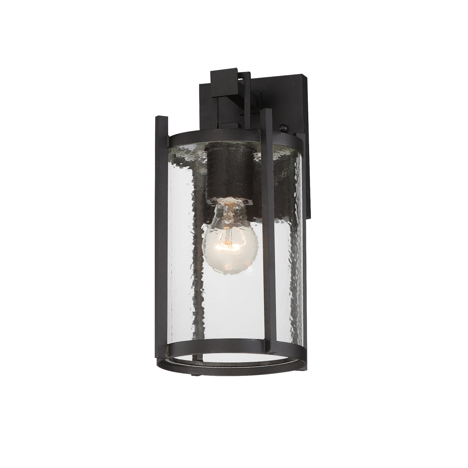 Black outdoor wall light fixture with clear glass on a white background