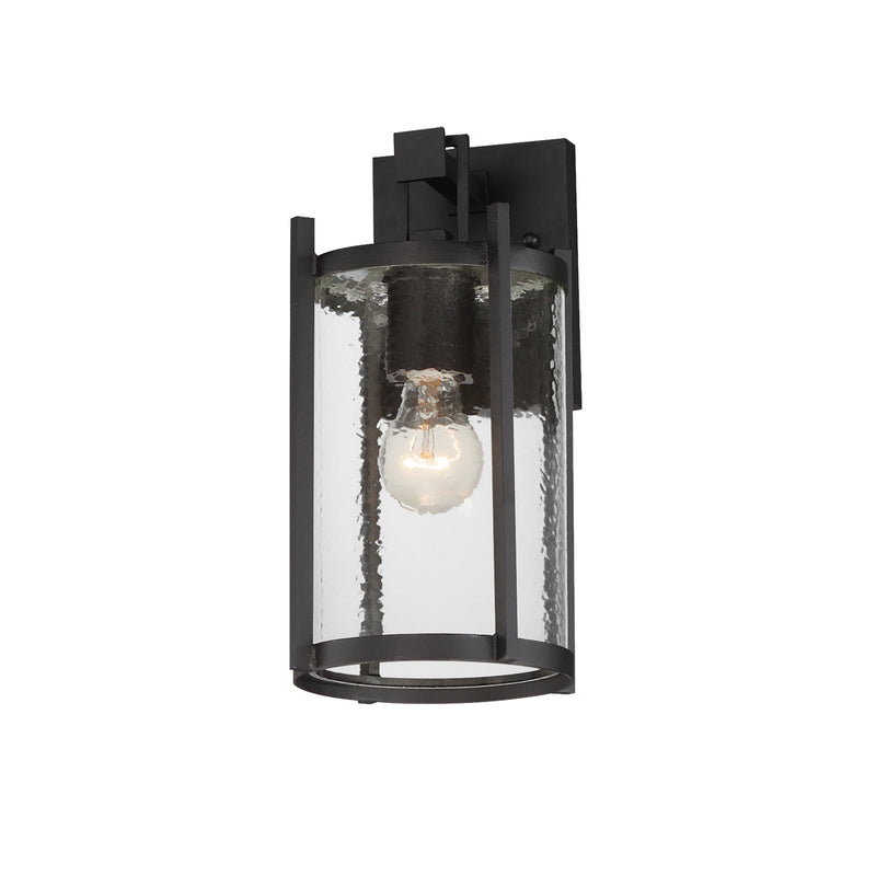 Black outdoor wall light fixture with clear glass on a white background