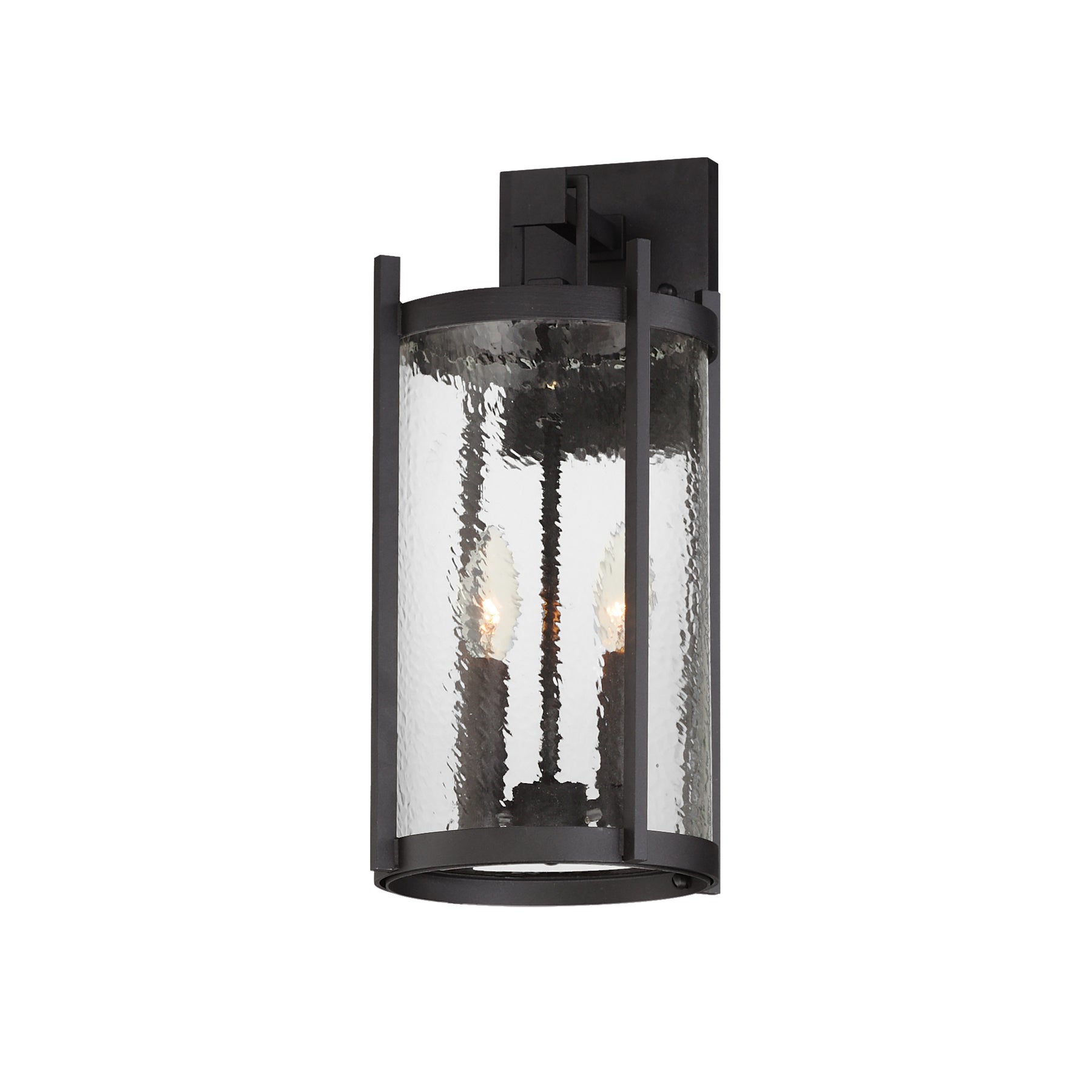 Black outdoor wall light fixture with clear glass on a white background