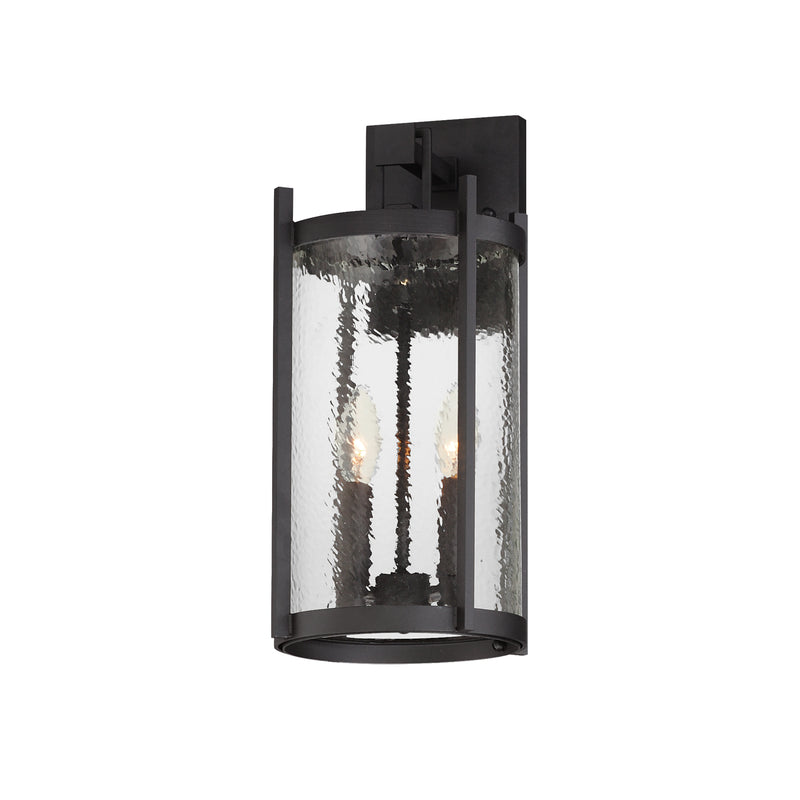 Black outdoor wall light fixture with clear glass on a white background