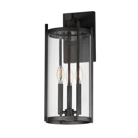Black outdoor wall light fixture with clear glass on a white background