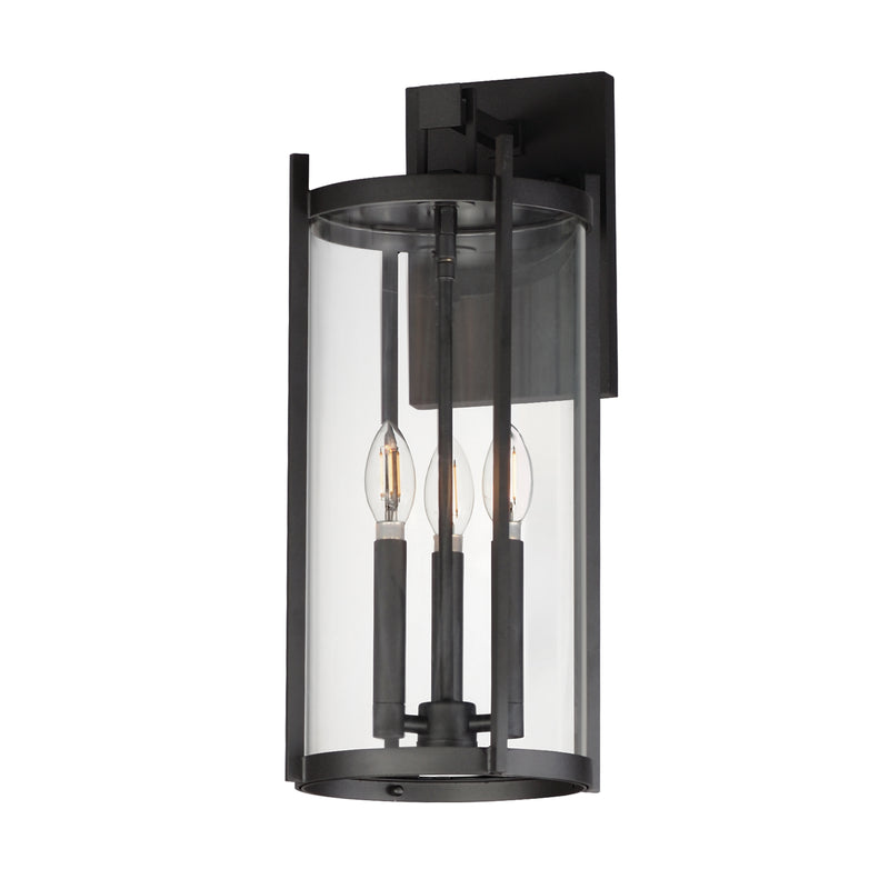 Black outdoor wall light fixture with clear glass on a white background
