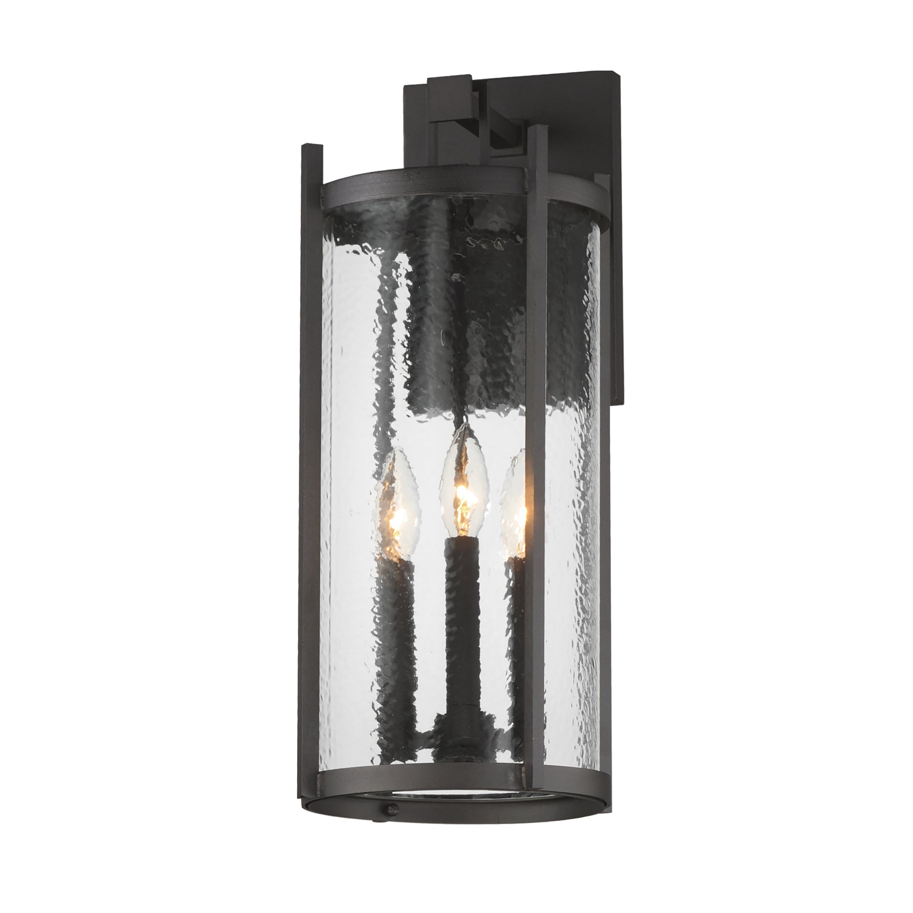 Black outdoor wall light fixture with clear glass on a white background