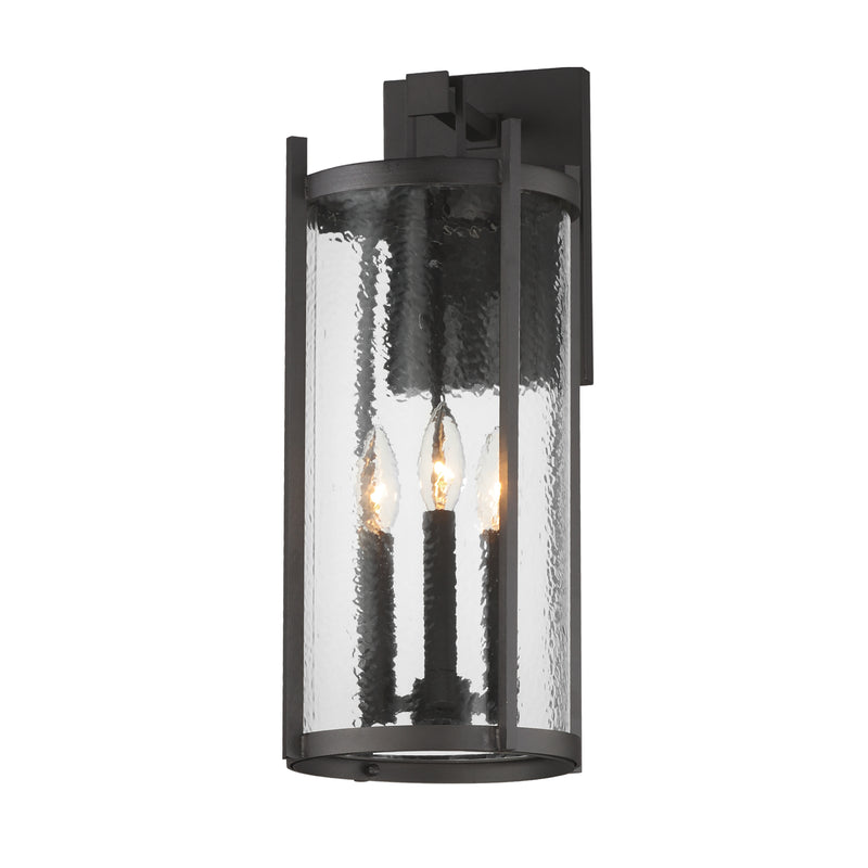 Black outdoor wall light fixture with clear glass on a white background