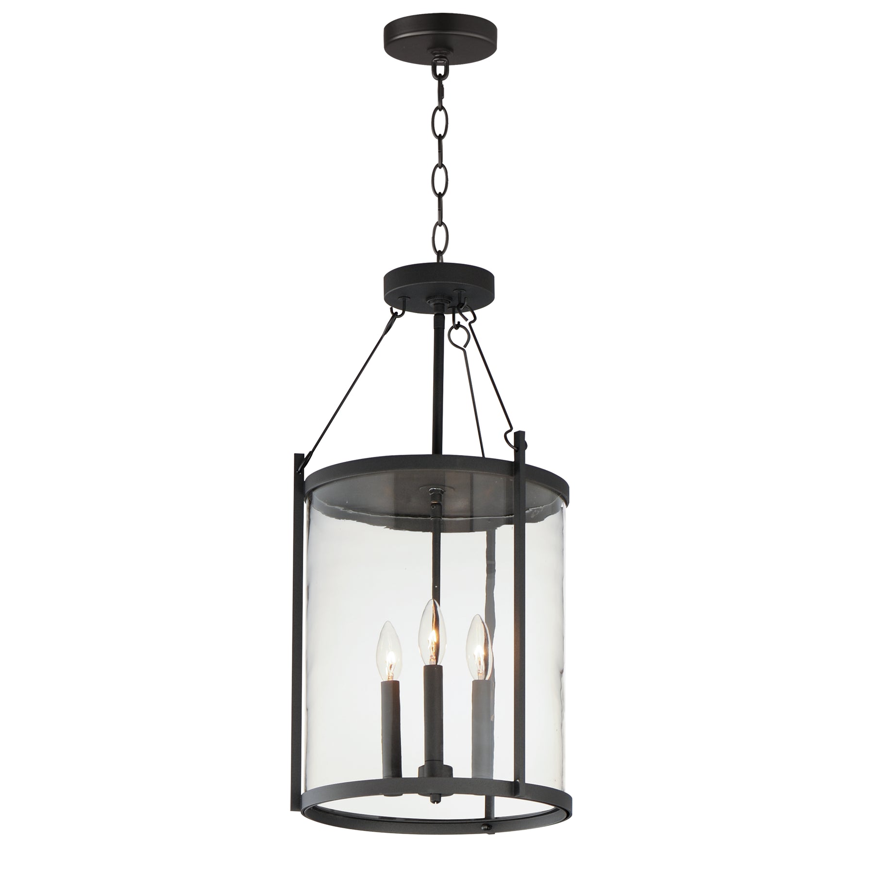Black pendant light fixture with clear glass shade on a white background