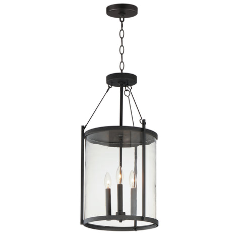 Black pendant light fixture with clear glass shade on a white background