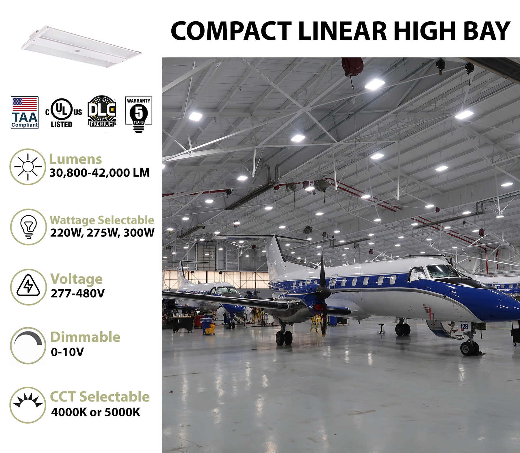 Oslo Compact Linear High Bay Fixture, 42,000 Lumen Max, Wattage and CCT Selectable, 120-277V, TAA Compliant
