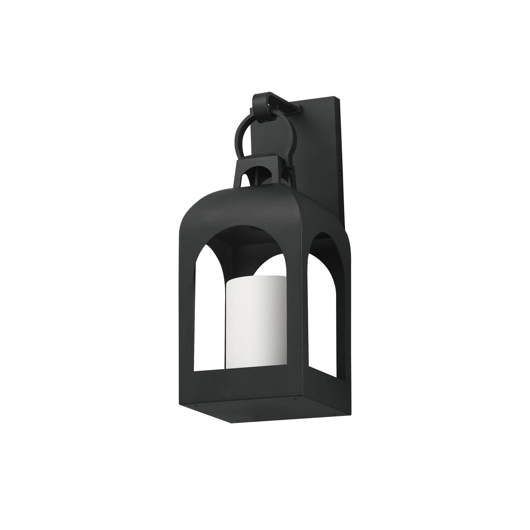 A black outdoor wall sconce with a lantern-style cage design and a white cylindrical candle insert, shown against a plain white background.
