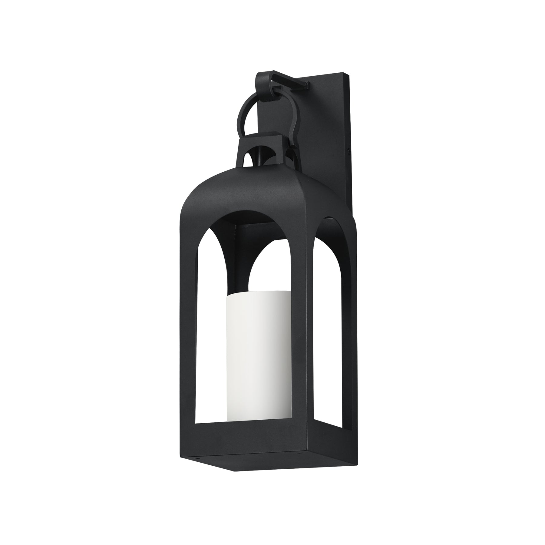A black outdoor wall lantern light fixture with a white candle-style bulb inside, shown against a plain white background.