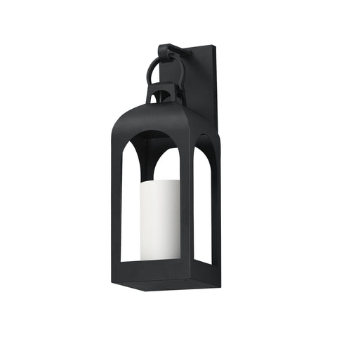 A black outdoor wall lantern light fixture with a white candle-style bulb inside, shown against a plain white background.