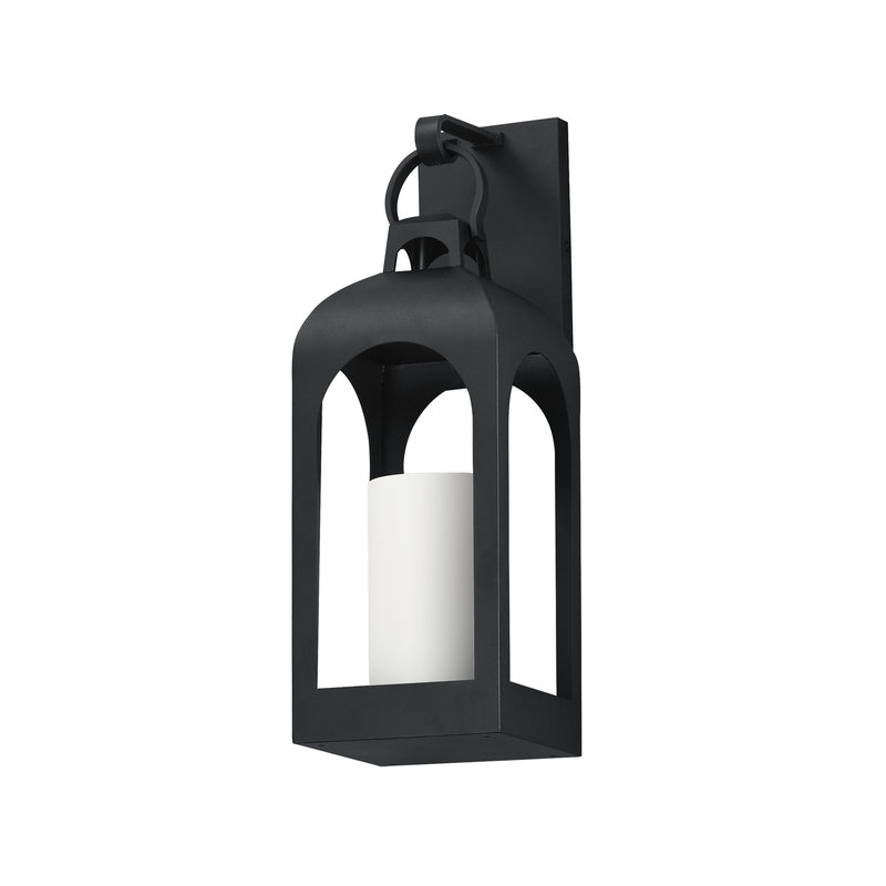 A black outdoor wall lantern light fixture with a white candle-style bulb inside, shown against a plain white background.
