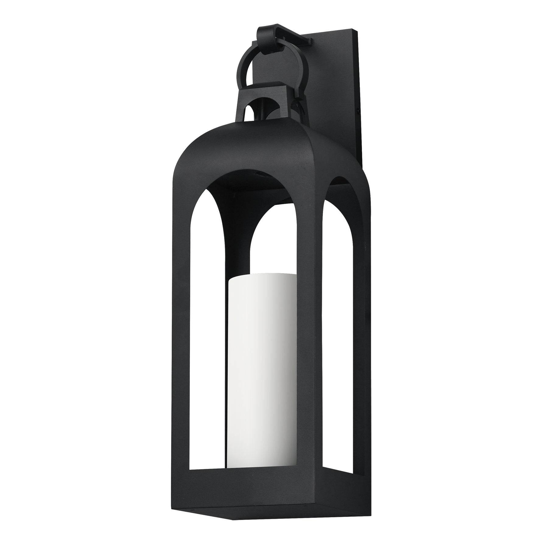 A black metal lantern-style wall sconce with a white cylindrical candle insert, shown against a plain white background.