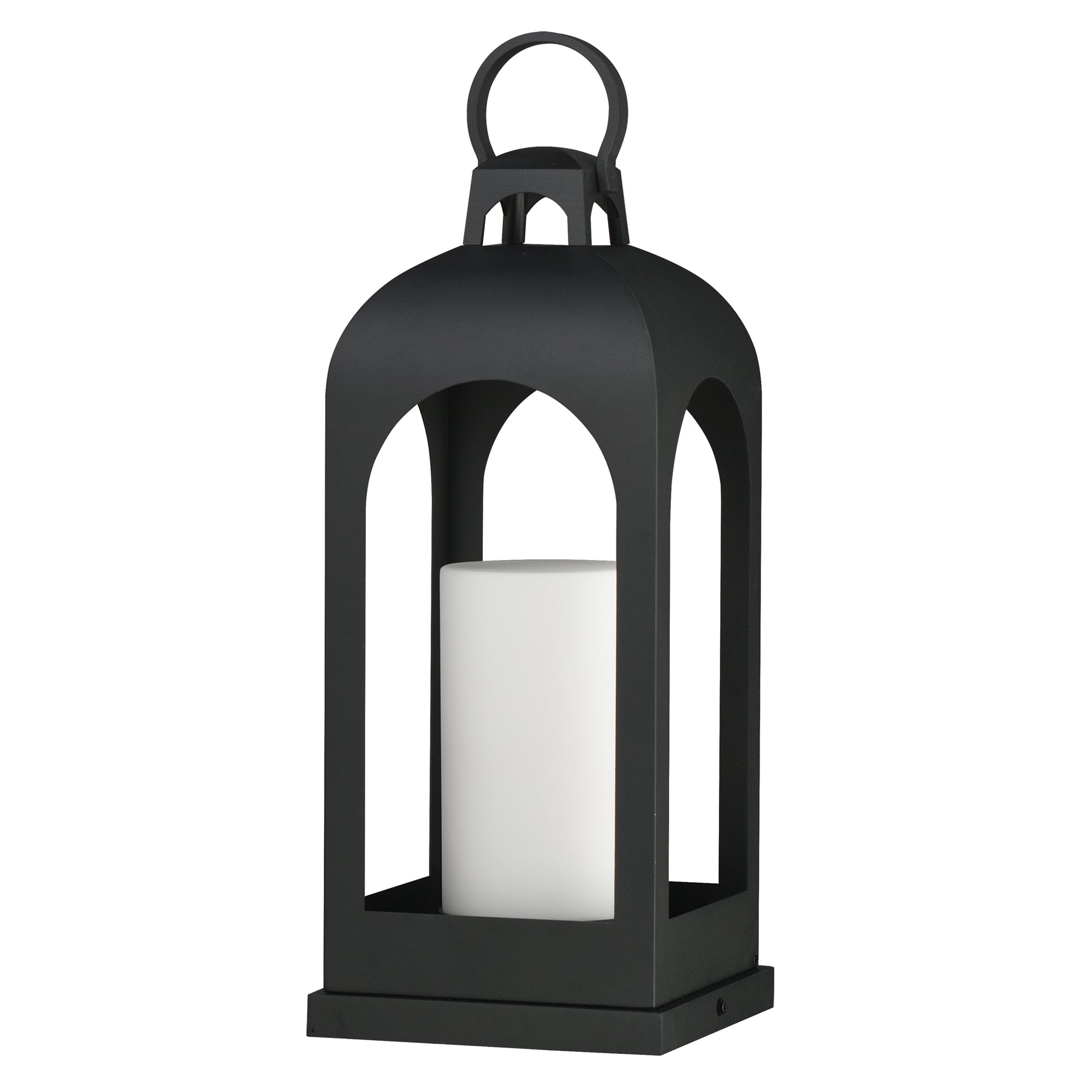 A black metal lantern with a top handle and a white pillar candle inside, shown on a plain white background.