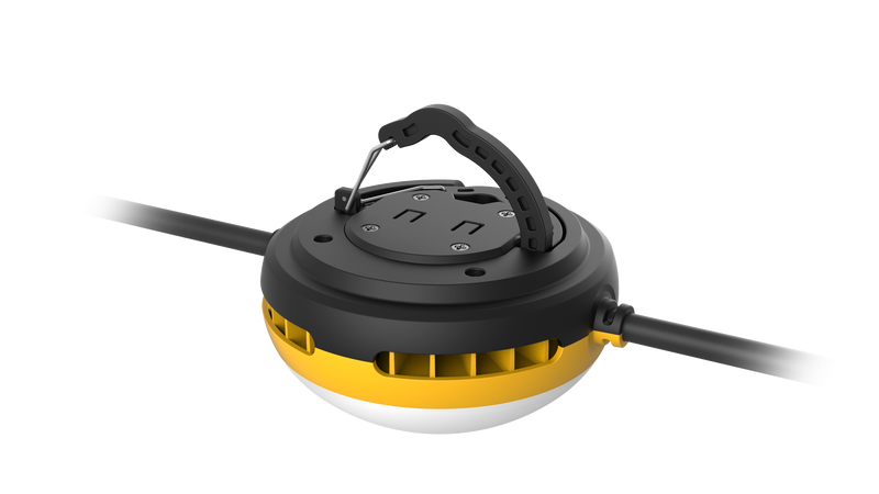 Black and yellow portable 50ft temporary led work light with sturdy handle and durable plastic housing for stringer use