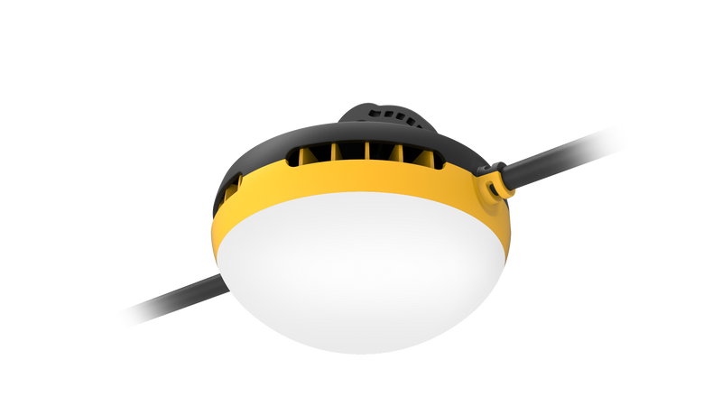 Yellow and black industrial 50ft temporary led stringer work light with frosted white diffuser set of five