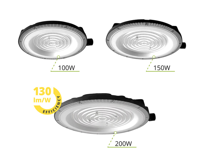 Three oval LED street light heads shown on a white background, labeled 100W, 150W, and 200W, with a yellow circular efficiency badge reading 130 lm/W.