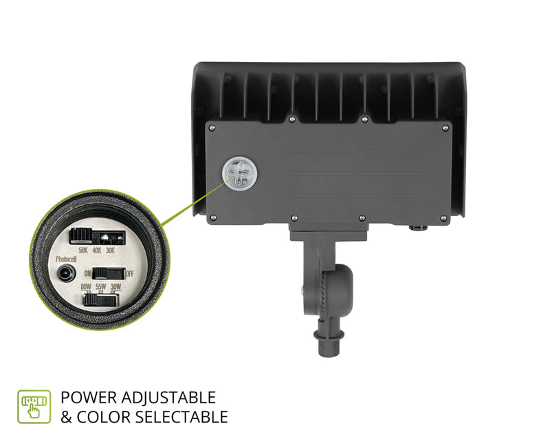 Black mini flood light with power and color selectable switches on a white background