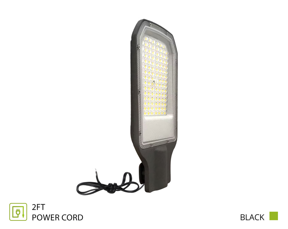 A black LED street light with a 2-foot power cord, shown on a plain white background with informational text overlays indicating '2FT POWER CORD' and 'BLACK'.