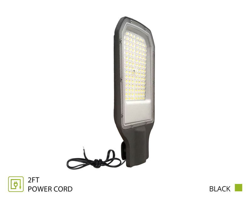 A black LED street light with a 2-foot power cord, shown on a plain white background with informational text overlays indicating '2FT POWER CORD' and 'BLACK'.